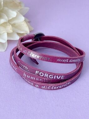 Humanity For All Dark Pink Leather Wrap Bracelet w/Silver Lettering